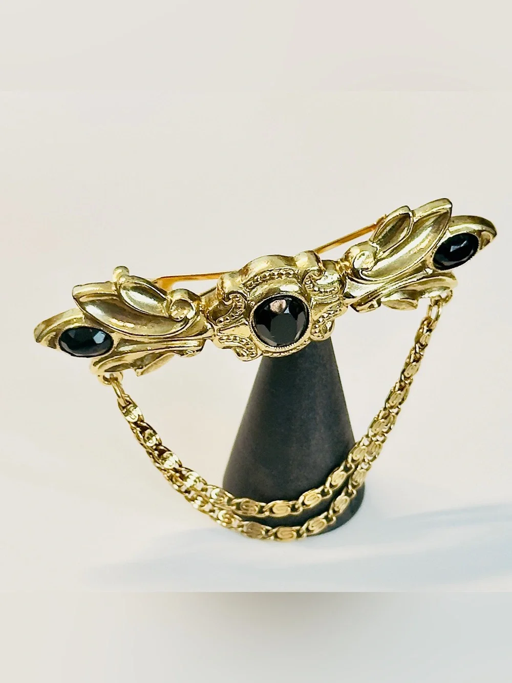 Vintage French Gold Barrette – Victorian Revival Black Cabochon Swag Chain